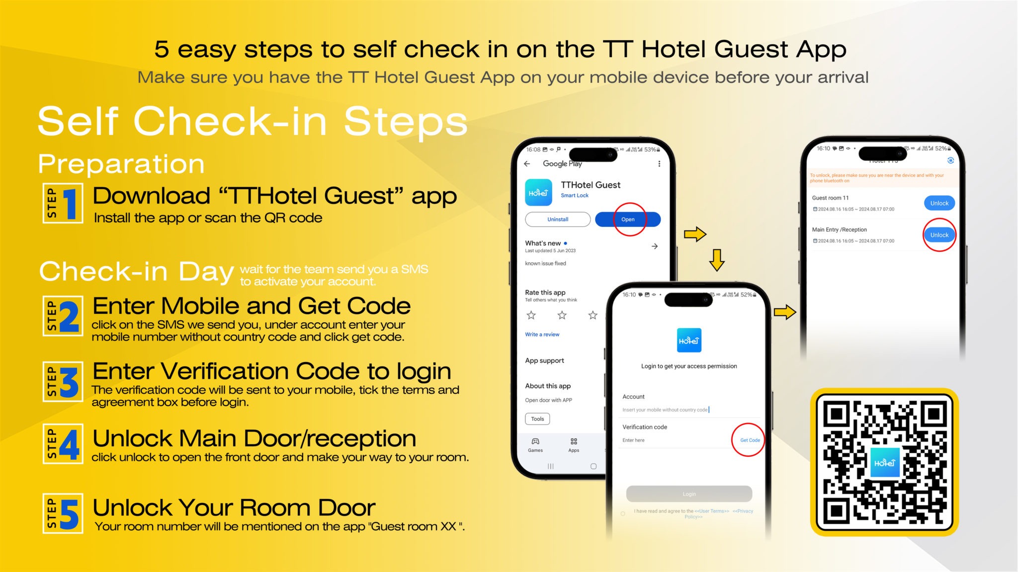 Five easy steps to self check in on the TT Hotel Guest App.