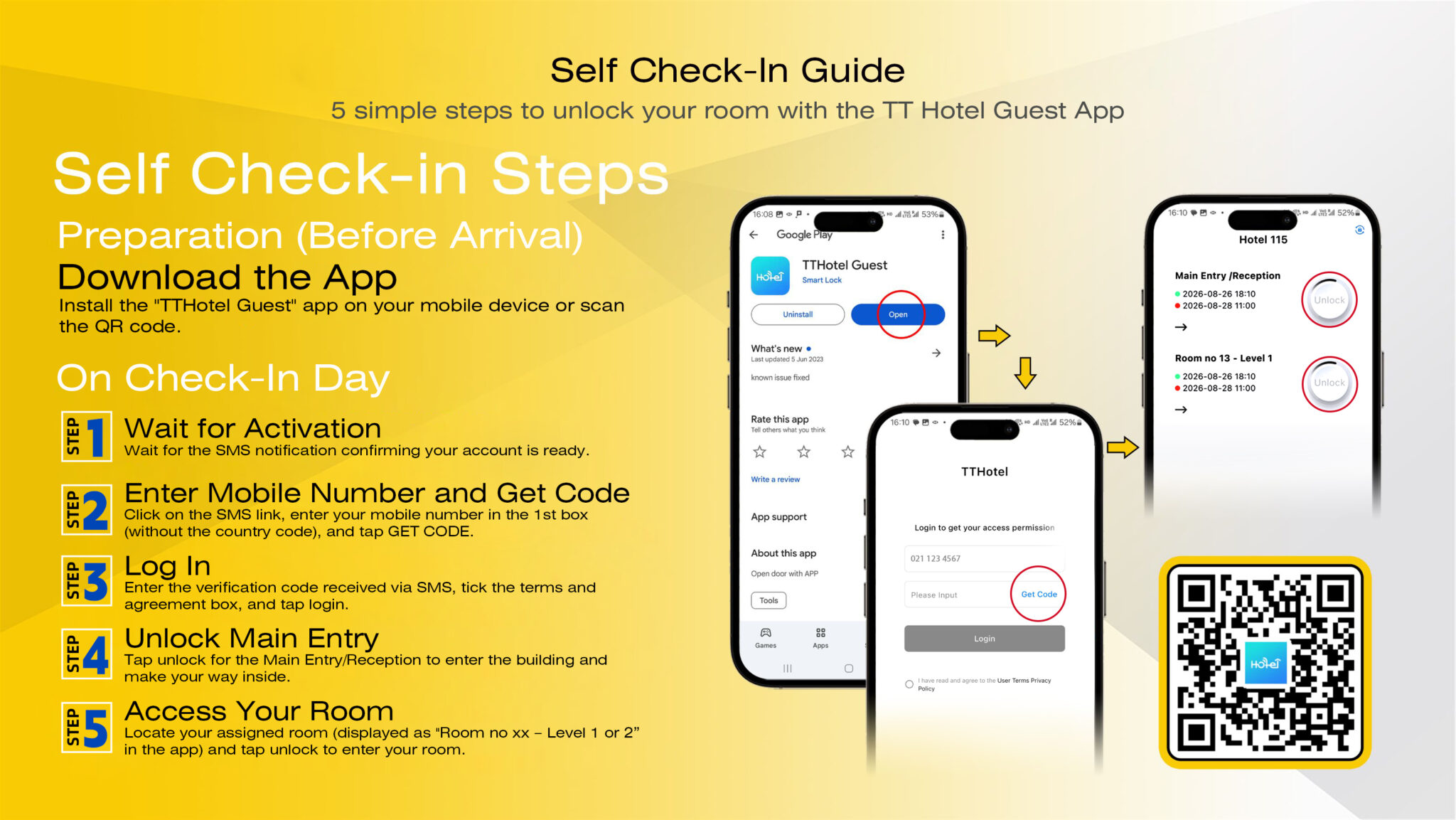 Five easy steps to self check in on the TT Hotel Guest App.